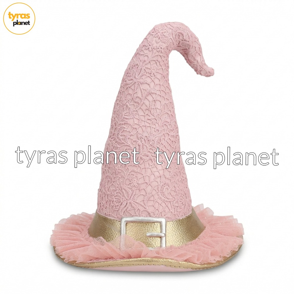 BELLA LUX Halloween Lace Tulle Pink Witch Hat Shabby Wicked Gold Prop Decor 12in